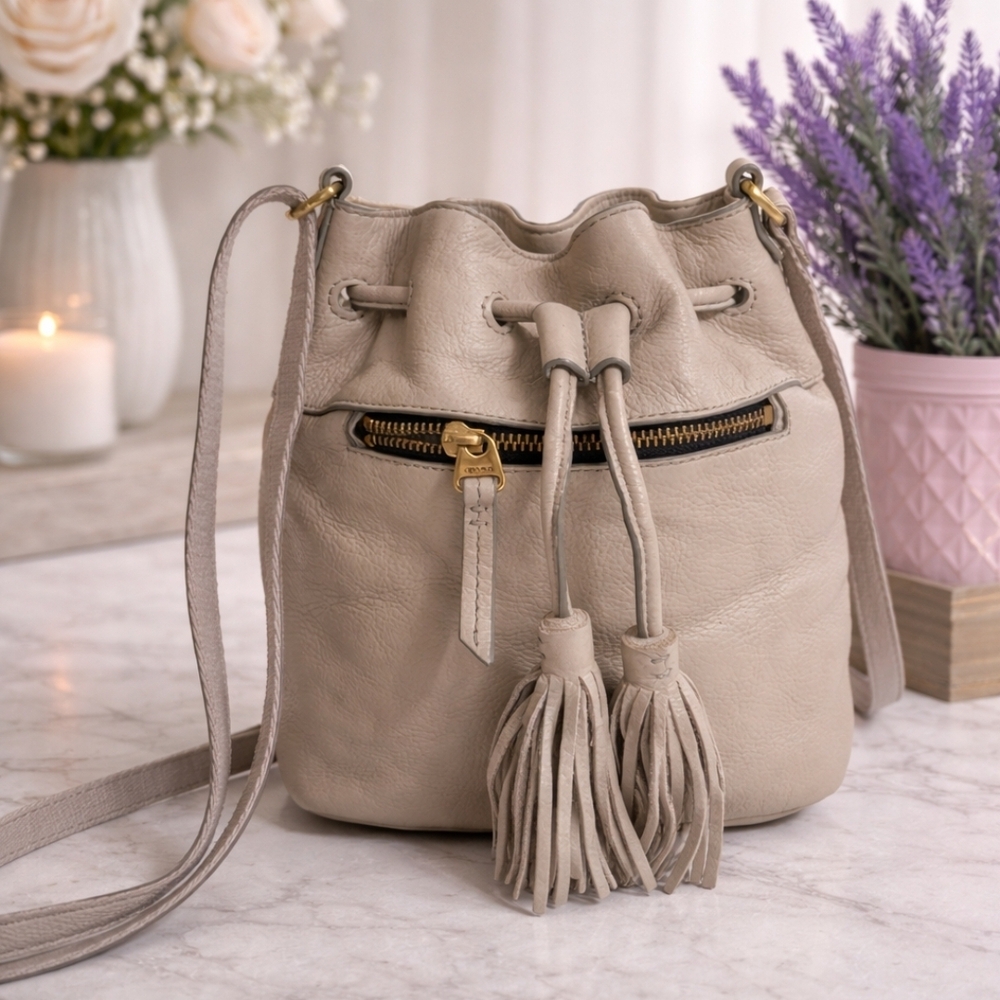 Fossil Taupe Leather Drawstring Crossbody Bucket Bag